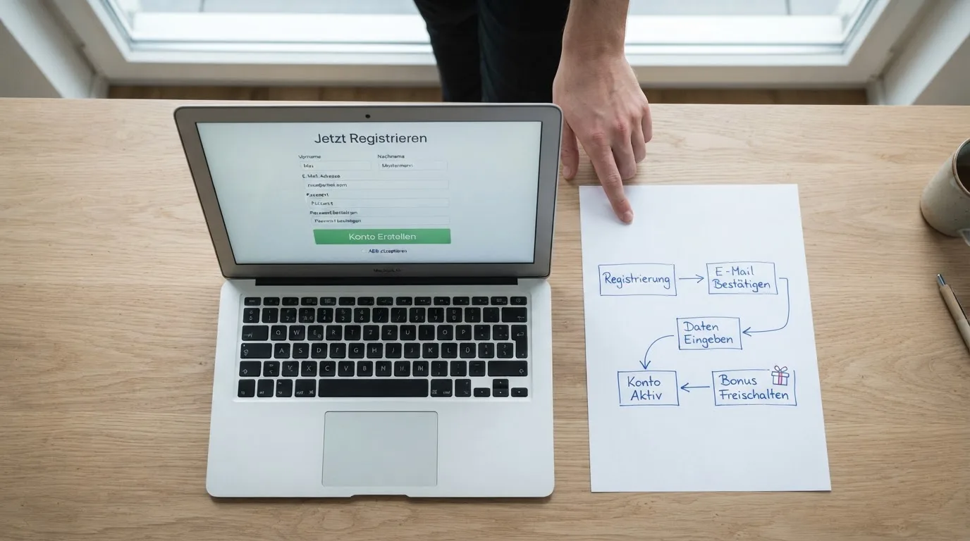 Nahaufnahme eines Laptop-Bildschirms mit einem Formular zur Kontoeroeffnung, daneben ein Blatt Papier mit einer handgezeichneten Ablaufskizze.