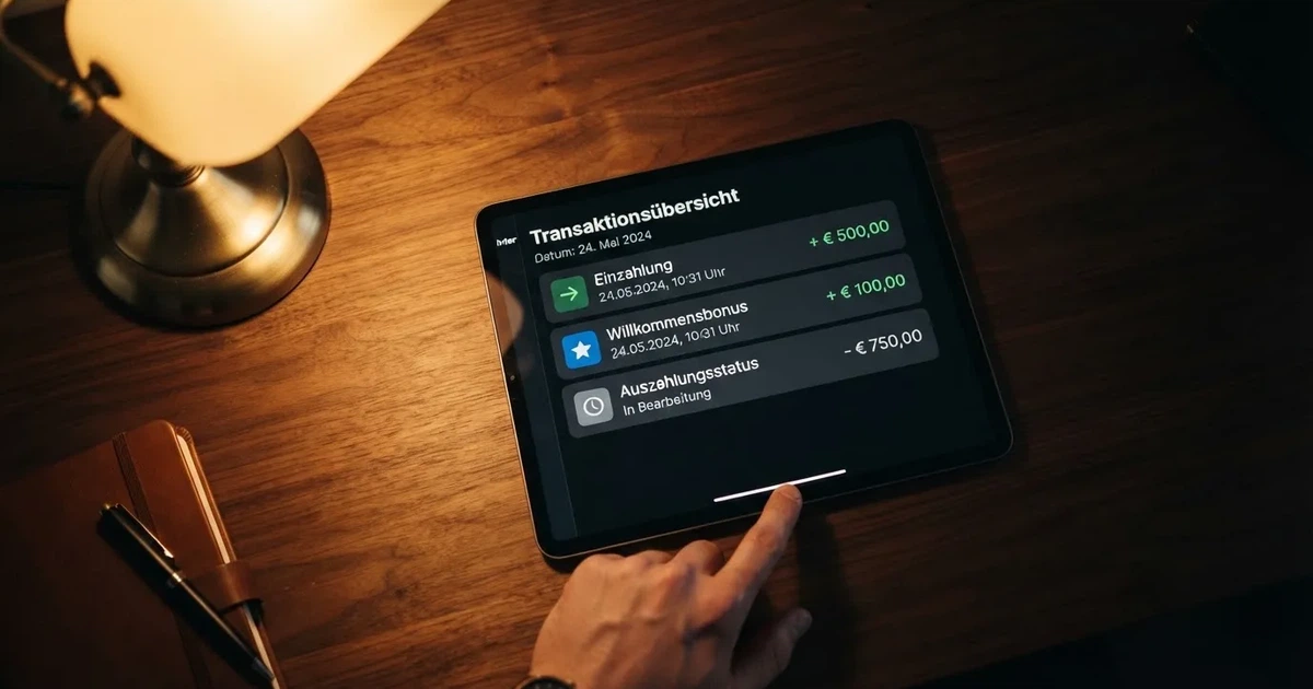 Nahaufnahme eines Tablet-Bildschirms mit einer Transaktionsliste, in der Einzahlung, Bonusgutschrift und Auszahlungsstatus untereinander aufgefuehrt sind.