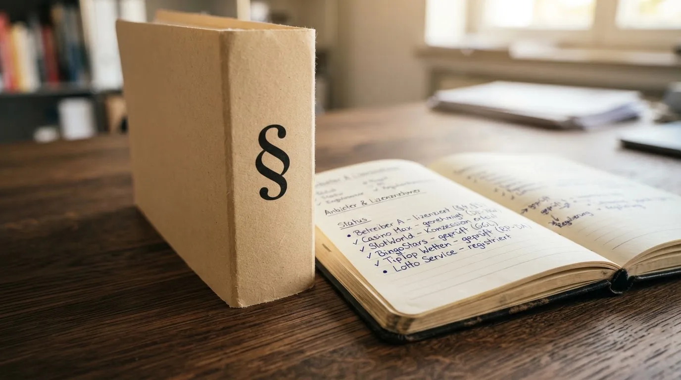 Nahaufnahme eines Aktenordners mit Paragraphenzeichen auf dem Ruecken, daneben ein aufgeklapptes Notebook mit einer Uebersichtsliste lizenzierter Anbieter.