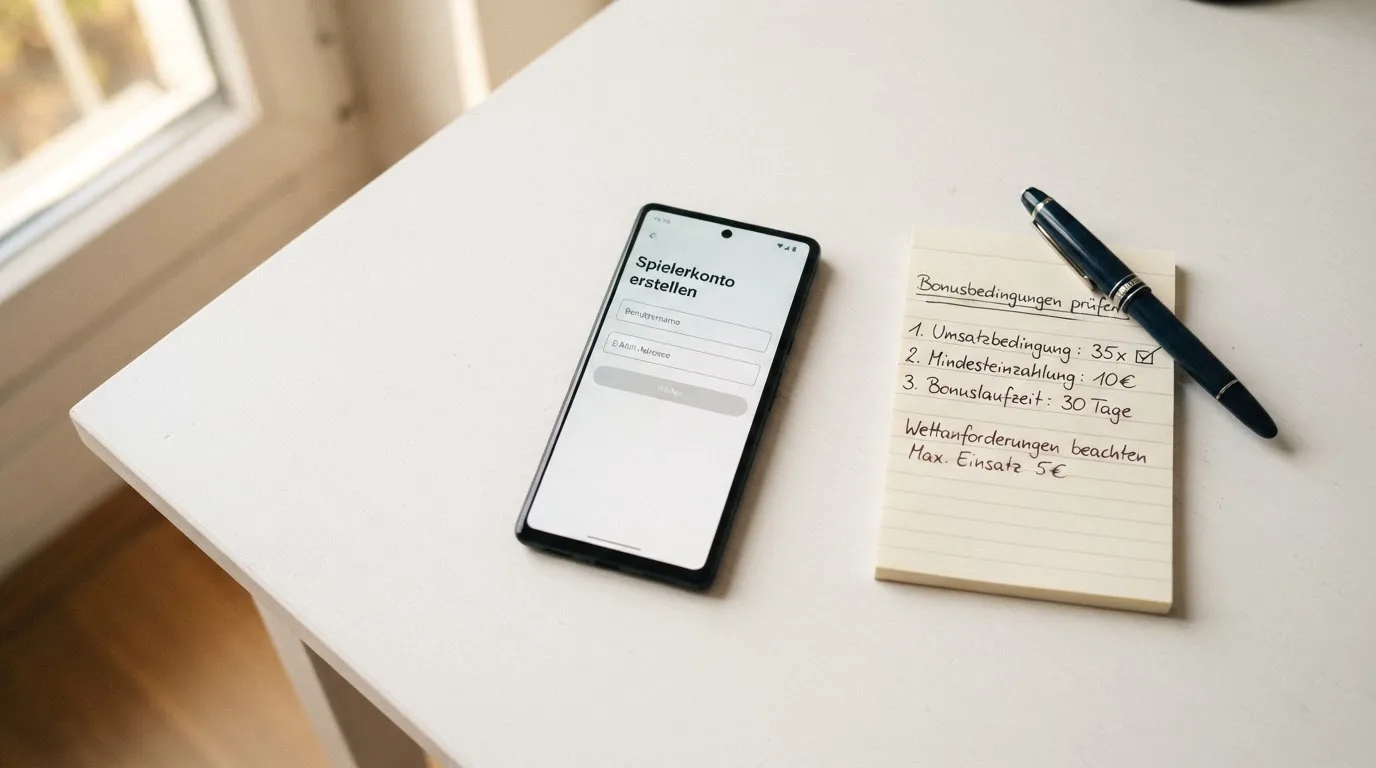 Draufsicht auf ein Smartphone mit einer geoeffneten Registrierungsmaske fuer ein Spielerkonto, daneben ein Notizblock mit handschriftlichen Bonusbedingungen.