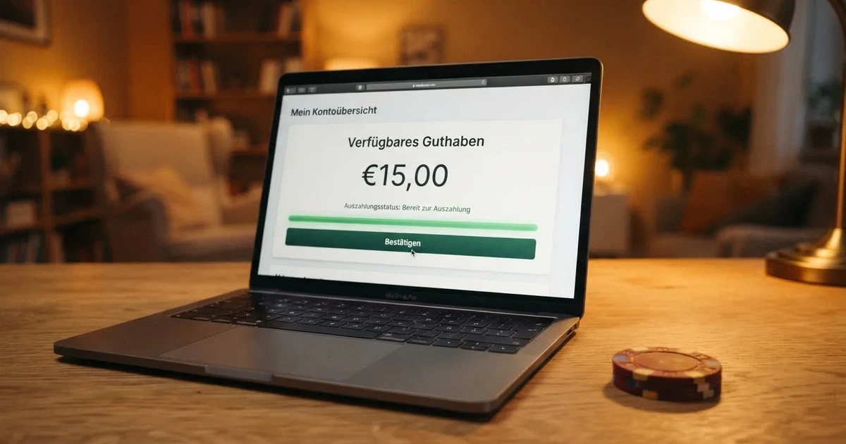 Nahaufnahme eines Laptop-Bildschirms mit einer Kontouebersicht, auf der ein Guthabenbetrag in Euro und ein Auszahlungsstatus zu sehen sind.