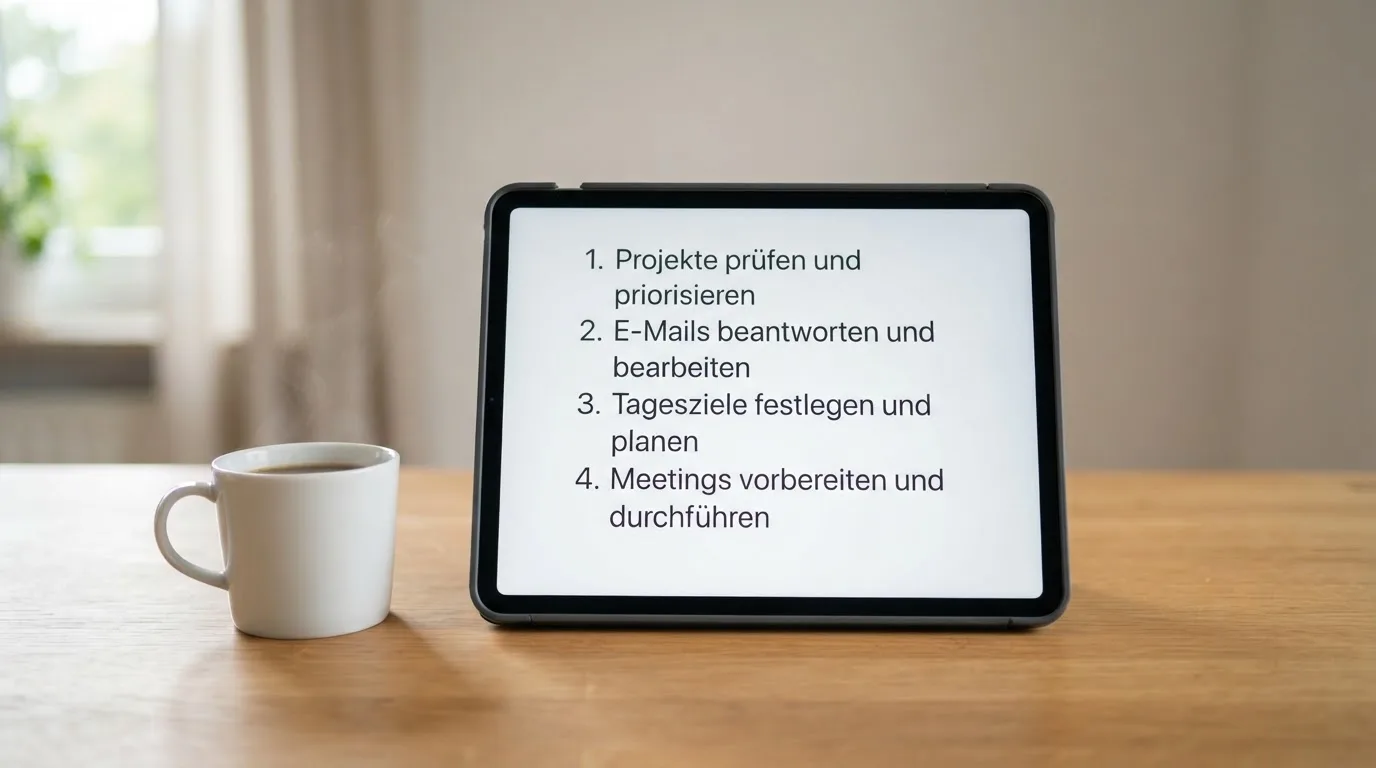 Schreibtisch mit einem Tablet, auf dem ein Schema mit nummerierten Schritten eines Anmeldevorgangs zu sehen ist, daneben ein Kaffeebecher.