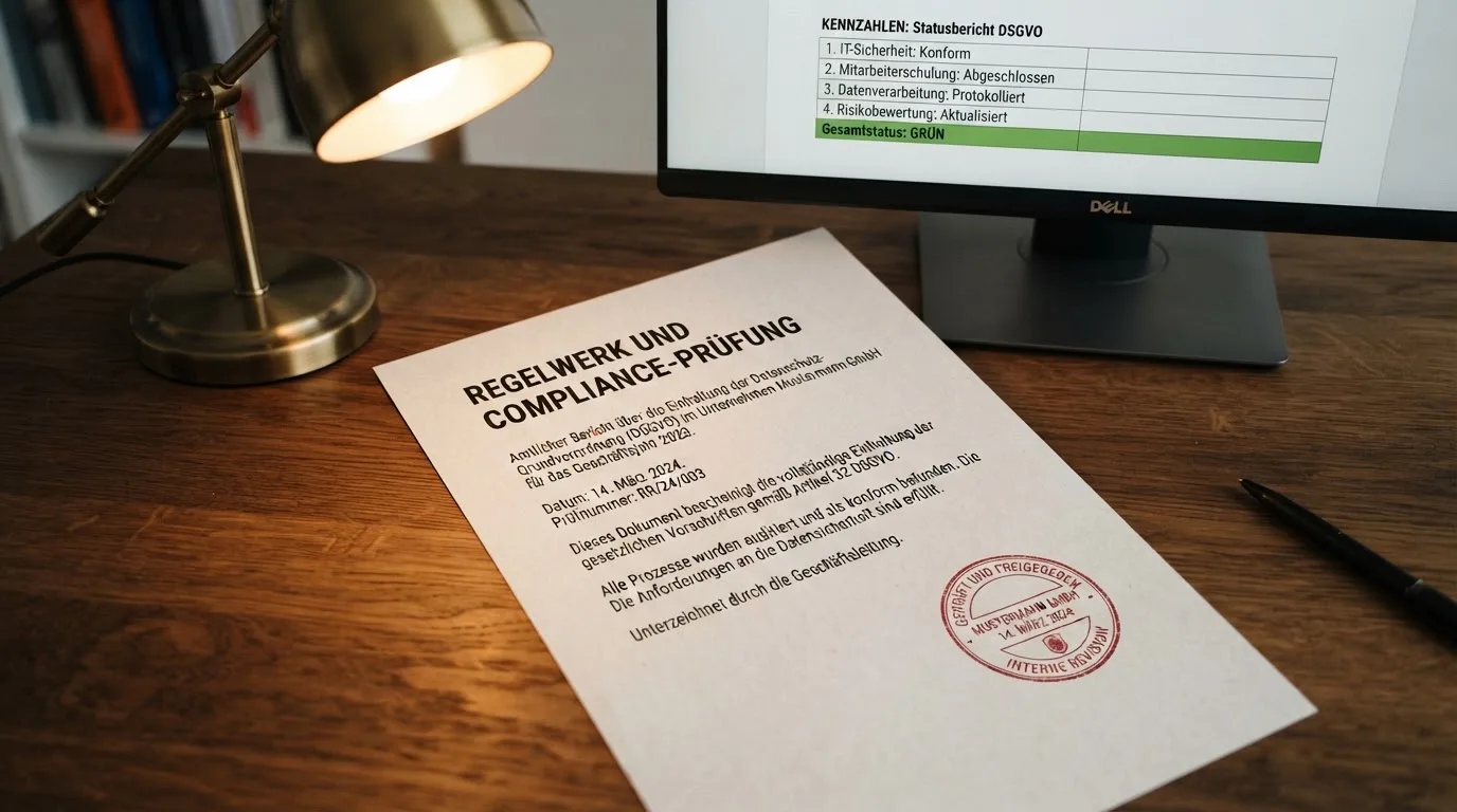 Schreibtisch mit einem gedruckten Amtsdokument, einem Stempel und einem Bildschirm, auf dem eine offizielle Whitelist-Tabelle angezeigt wird.