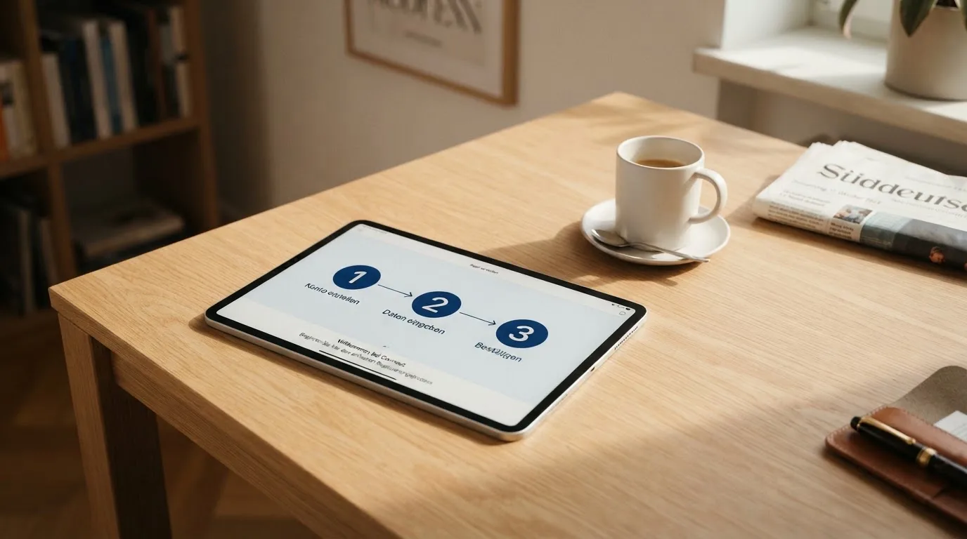 Schreibtisch mit einem Tablet, auf dem ein Schema mit nummerierten Schritten eines Anmeldevorgangs zu sehen ist, daneben ein Kaffeebecher.