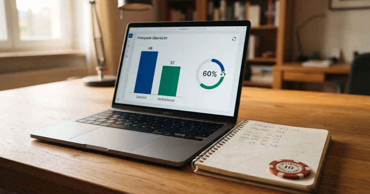 Nahaufnahme eines Laptop-Bildschirms mit einer Statistik ueber genutzte und verbleibende Freispiele, daneben ein Notizblock mit Zahlen.