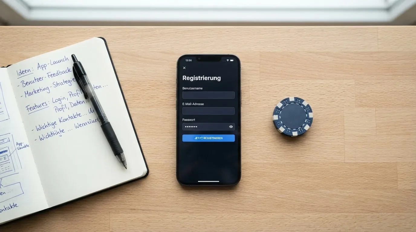 Draufsicht auf ein Smartphone mit einer geoeffneten Registrierungsmaske fuer ein Spielerkonto, daneben ein Notizblock mit handschriftlichen Bonusbedingungen.