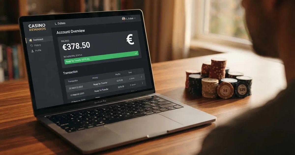 Nahaufnahme eines Laptop-Bildschirms mit einer Kontouebersicht, auf der ein Guthabenbetrag in Euro und ein Auszahlungsstatus zu sehen sind.