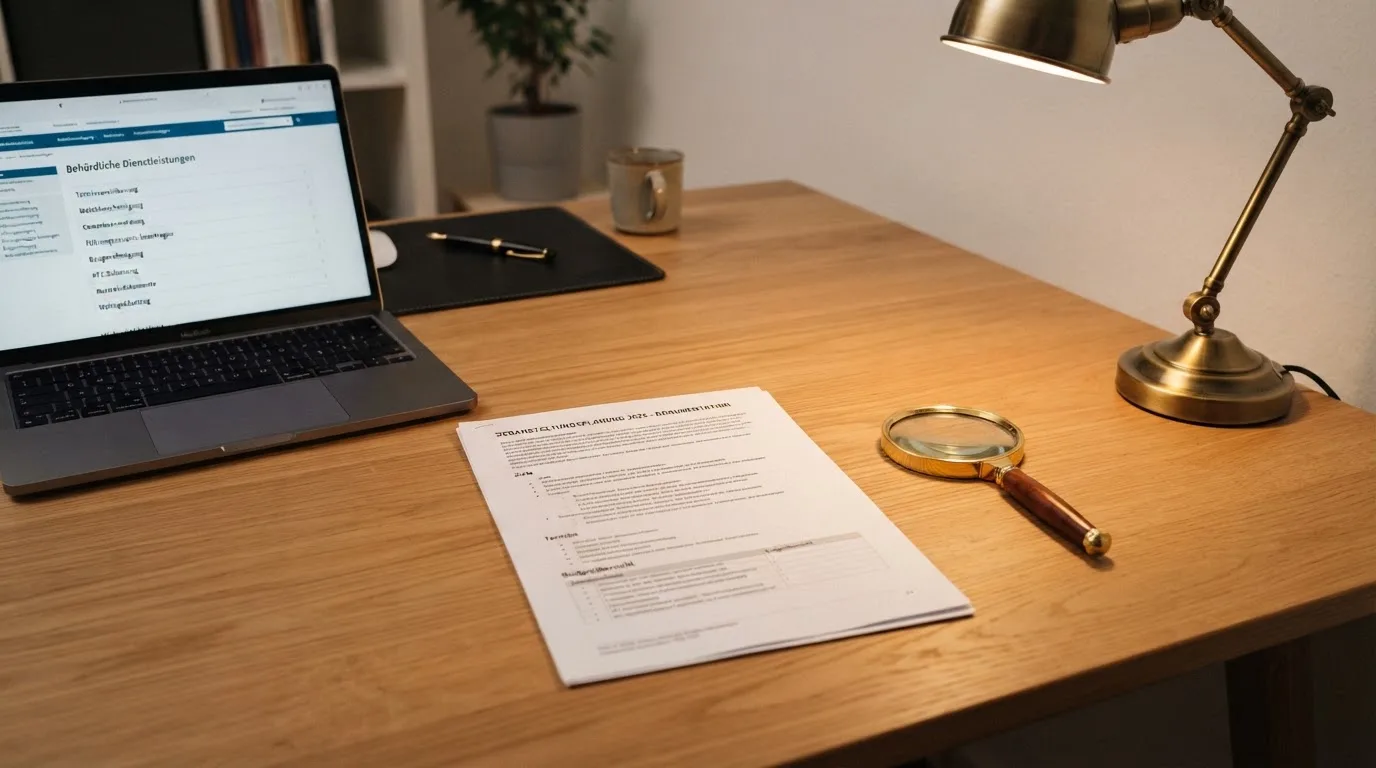 Schreibtisch mit einem ausgedruckten Gesetzestext, einer Lupe und einem Laptop, auf dessen Bildschirm eine Behoerdenwebsite mit einer Liste erlaubter Anbieter zu sehen ist.