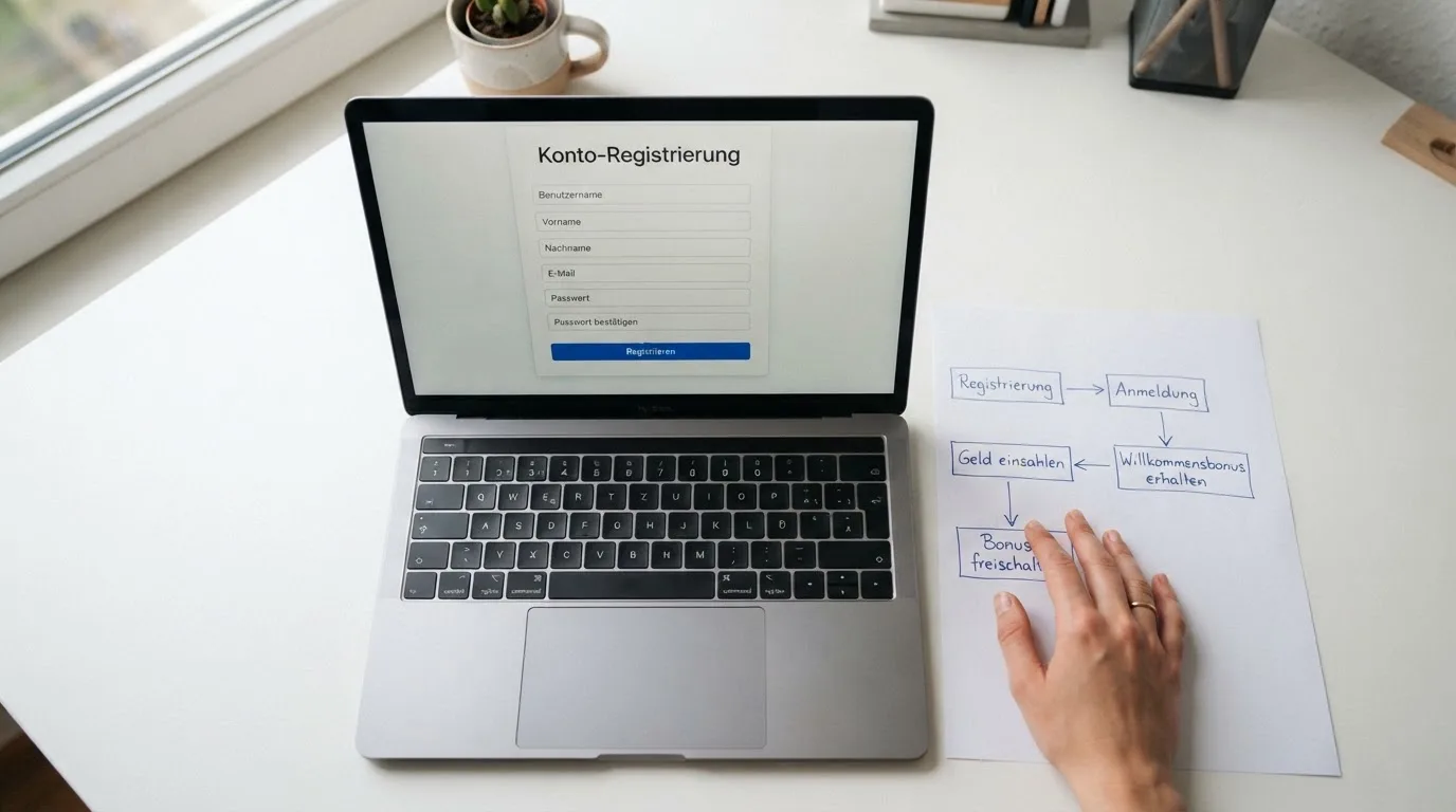 Nahaufnahme eines Laptop-Bildschirms mit einem Formular zur Kontoeroeffnung, daneben ein Blatt Papier mit einer handgezeichneten Ablaufskizze.