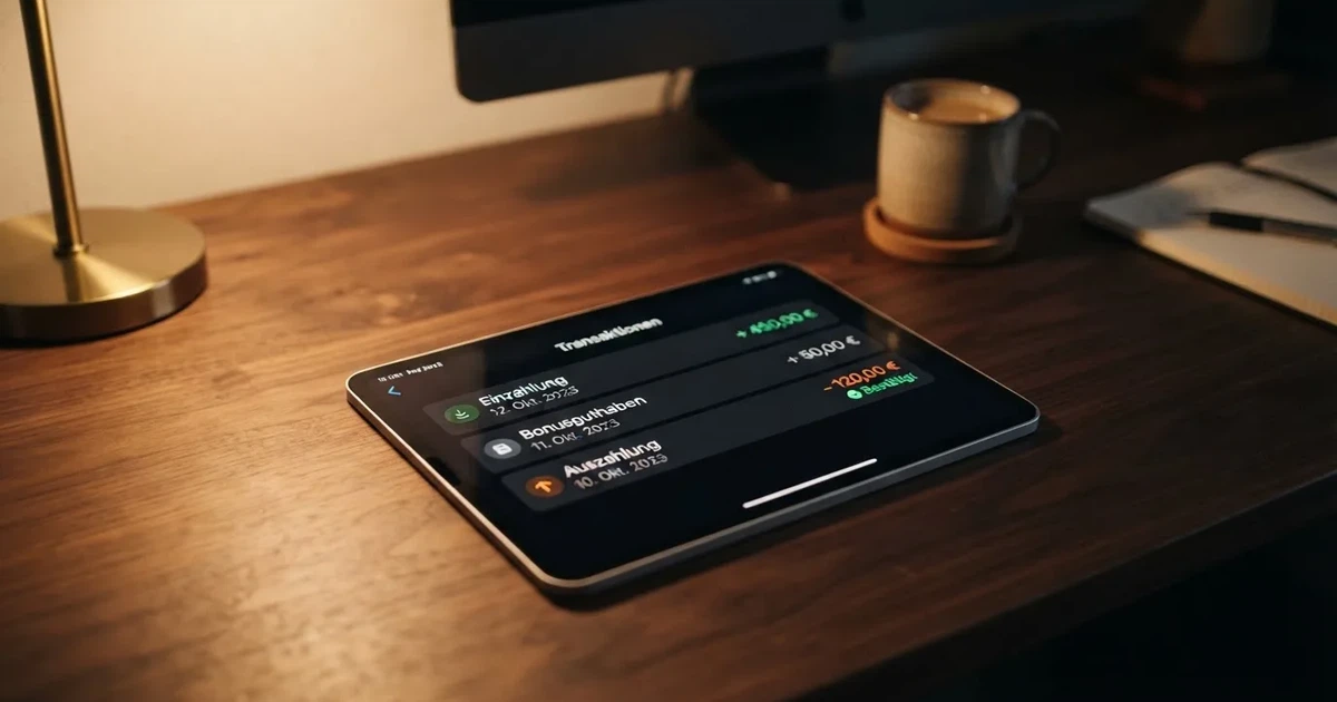 Nahaufnahme eines Tablet-Bildschirms mit einer Transaktionsliste, in der Einzahlung, Bonusgutschrift und Auszahlungsstatus untereinander aufgefuehrt sind.