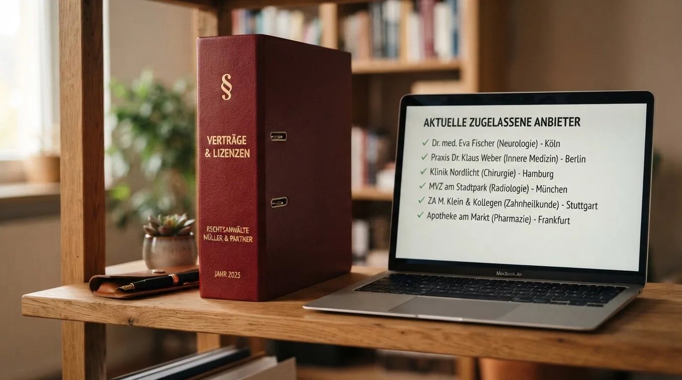 Nahaufnahme eines Aktenordners mit Paragraphenzeichen auf dem Ruecken, daneben ein aufgeklapptes Notebook mit einer Uebersichtsliste lizenzierter Anbieter.