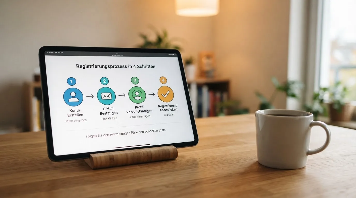 Schreibtisch mit einem Tablet, auf dem ein Schema mit nummerierten Schritten eines Anmeldevorgangs zu sehen ist, daneben ein Kaffeebecher.