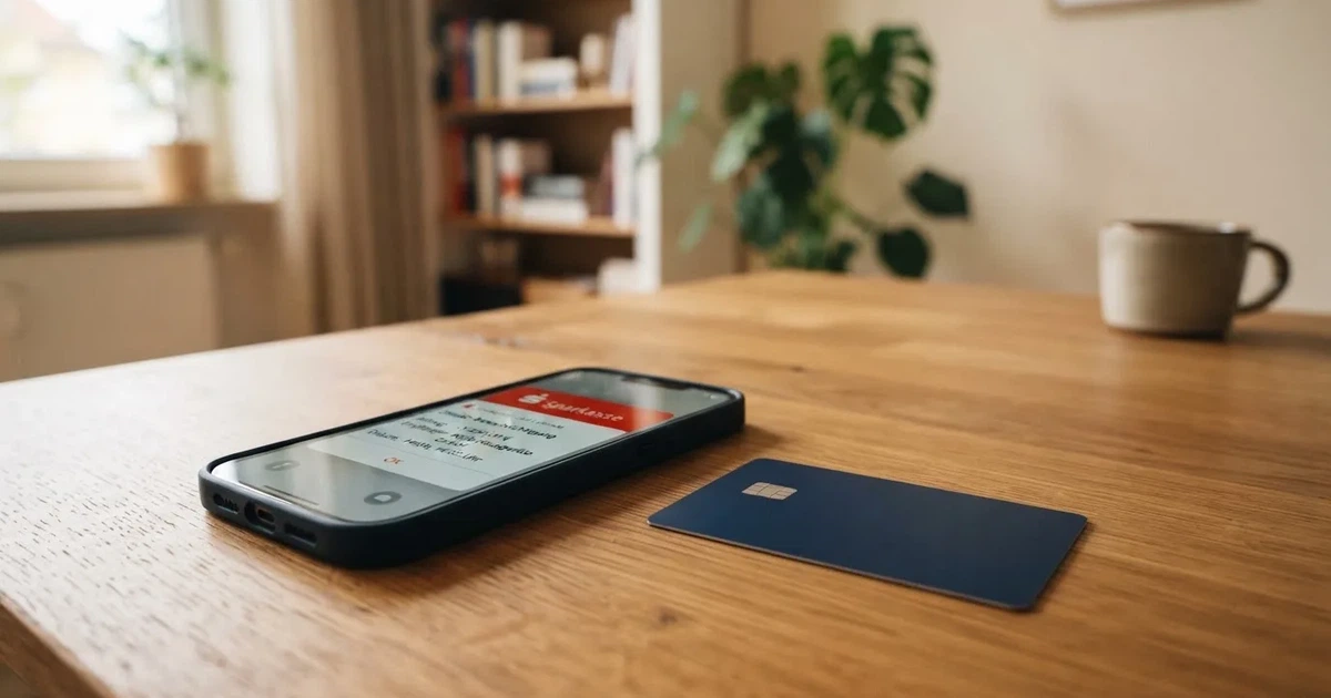 Schreibtisch mit einem Smartphone, auf dessen Bildschirm eine Kontobewegung mit Datum und Betrag in Euro angezeigt wird, daneben eine Bankkarte.