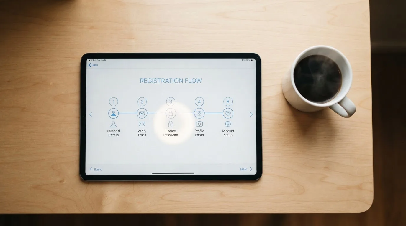 Schreibtisch mit einem Tablet, auf dem ein Schema mit nummerierten Schritten eines Anmeldevorgangs zu sehen ist, daneben ein Kaffeebecher.