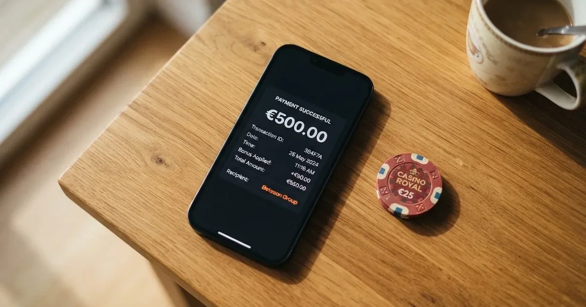 Schreibtisch mit einem Smartphone, auf dessen Bildschirm eine Kontobewegung mit Datum und Betrag in Euro angezeigt wird, daneben eine Bankkarte.