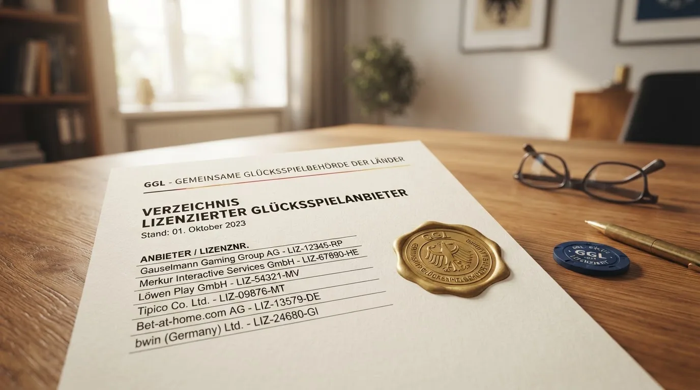 Nahaufnahme einer gedruckten Liste zugelassener Glücksspielanbieter neben einem amtlichen Prüfsiegel.