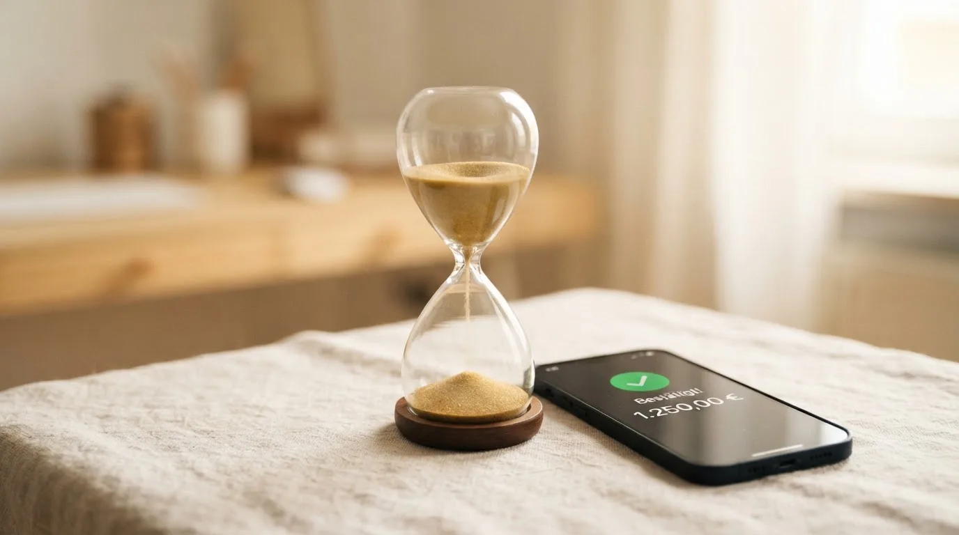 Nahaufnahme einer Sanduhr neben einem Smartphone-Bildschirm mit einer Zahlungsbestätigung.
