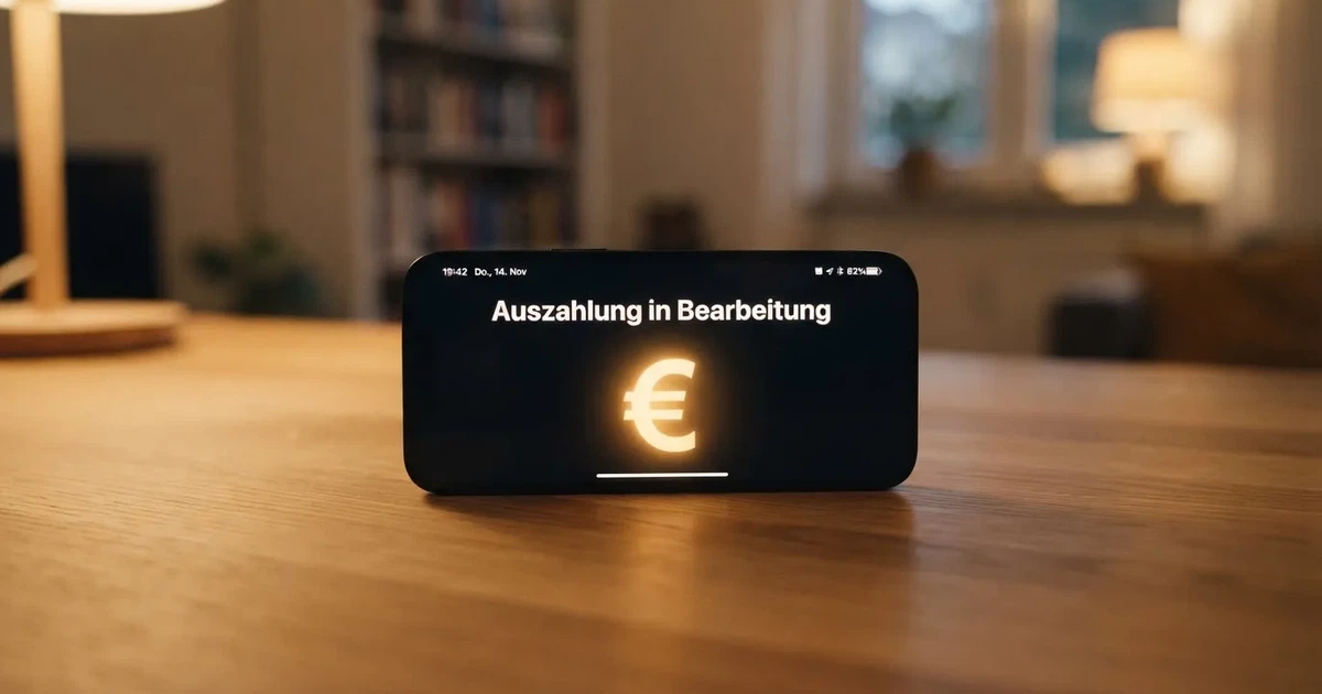 Bildschirm einer Kassenseite mit Auszahlungsstatus in Bearbeitung.