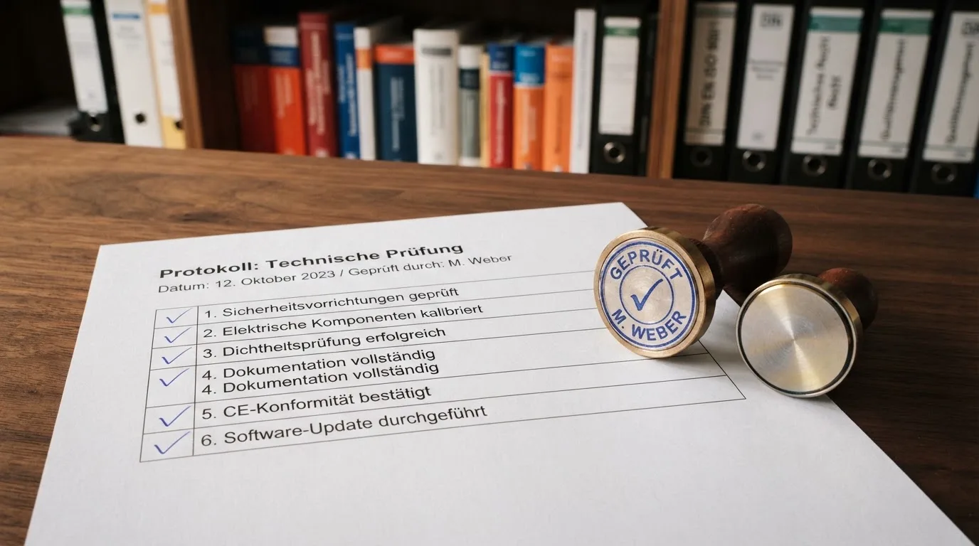 Nahaufnahme einer gedruckten Anbieterliste neben einem amtlichen Prüfsiegel.
