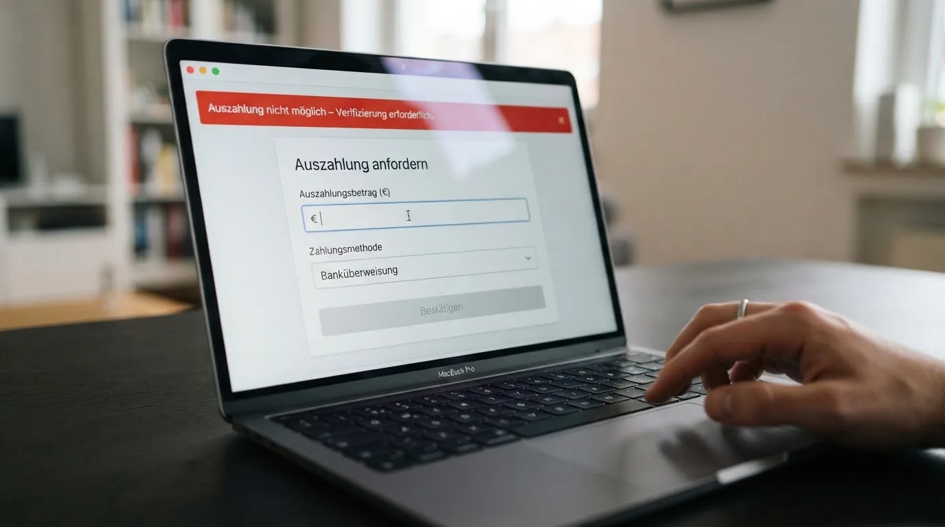Nahaufnahme eines Bildschirms mit einer Fehlermeldung neben einem Auszahlungsformular.