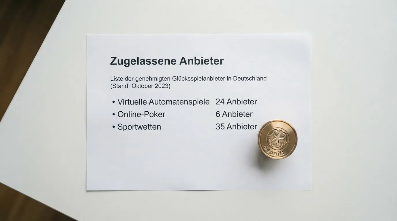 Nahaufnahme einer gedruckten Anbieterliste neben einem amtlichen Prüfsiegel.