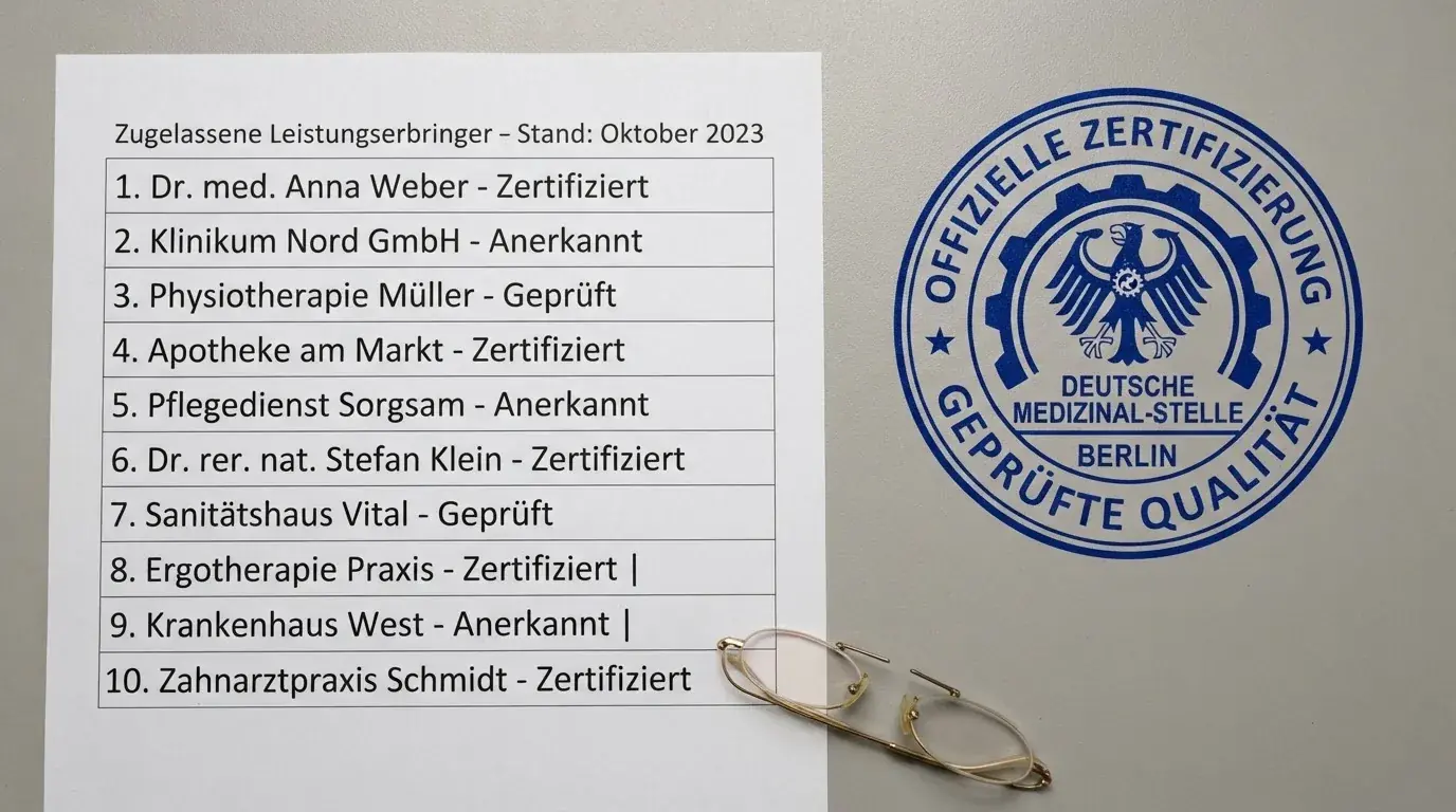 Nahaufnahme einer gedruckten Anbieterliste neben einem amtlichen Prüfsiegel.