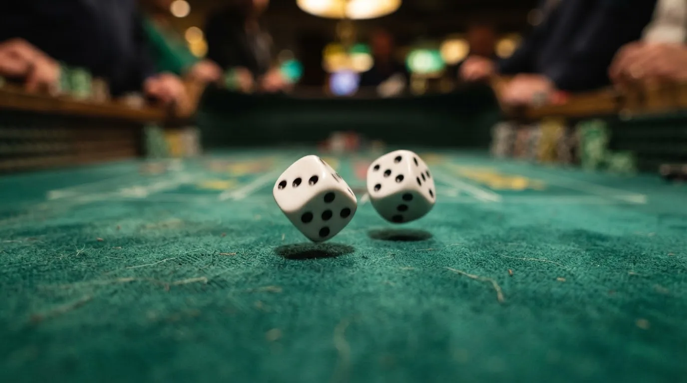 Nahaufnahme zweier rollender Würfel auf einem grünen Spieltisch.