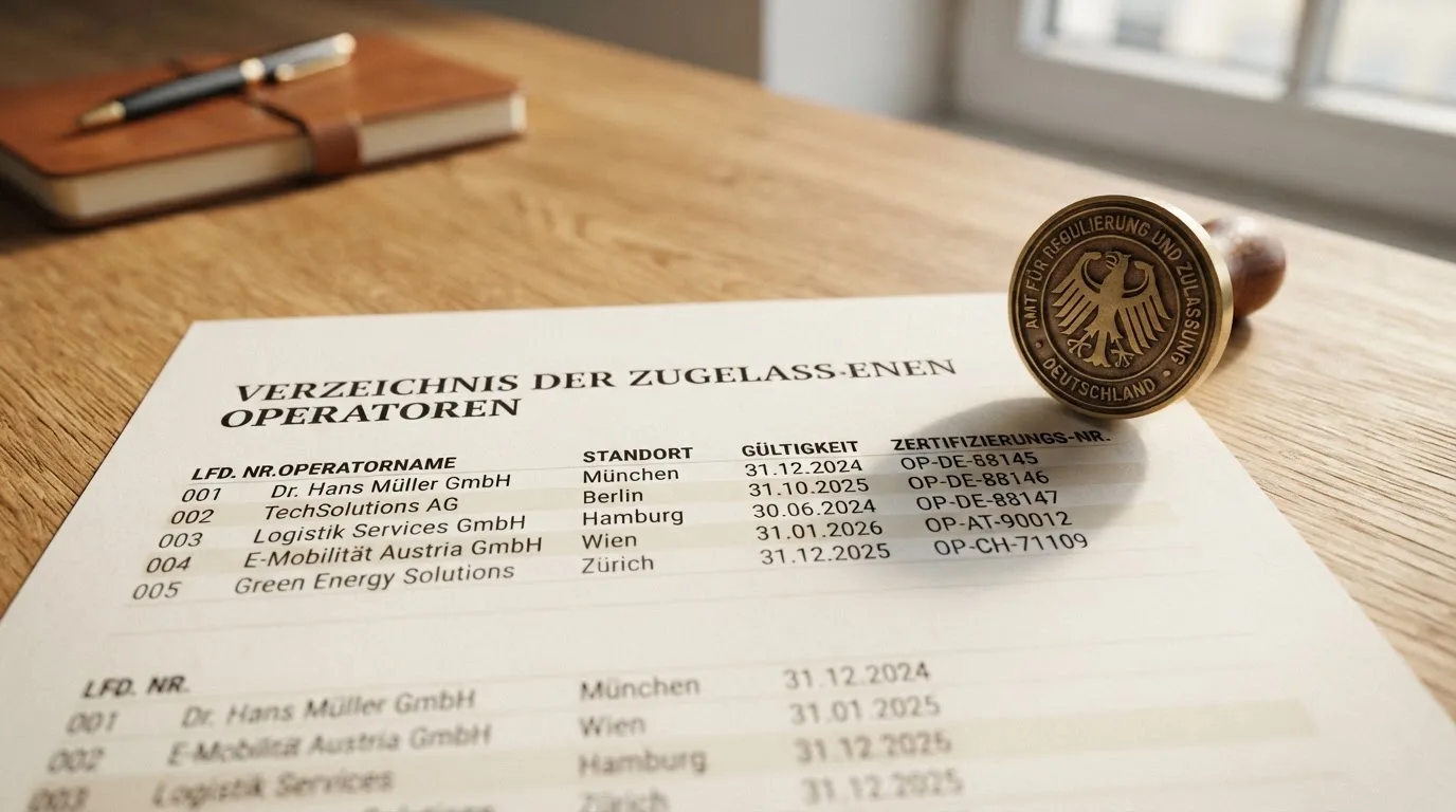 Nahaufnahme einer gedruckten Anbieterliste neben einem amtlichen Prüfsiegel.