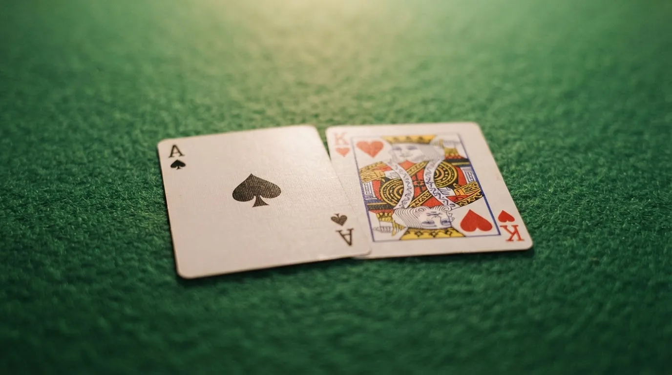Nahaufnahme zweier aufgedeckter Spielkarten neben einem grünen Kartentisch.