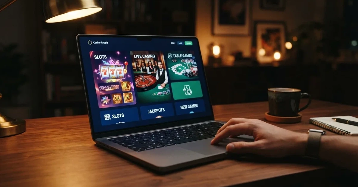 Bildschirm mit einer Startseite eines Online-Casinos mit mehreren Spielkategorien.