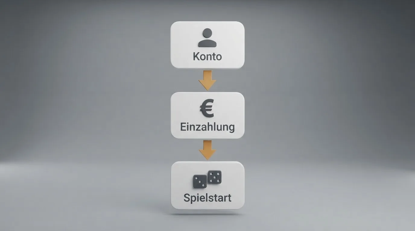 Schematische Illustration eines Ablaufdiagramms mit Pfeilen zwischen Kontoeröffnung, Einzahlung und Spielstart.