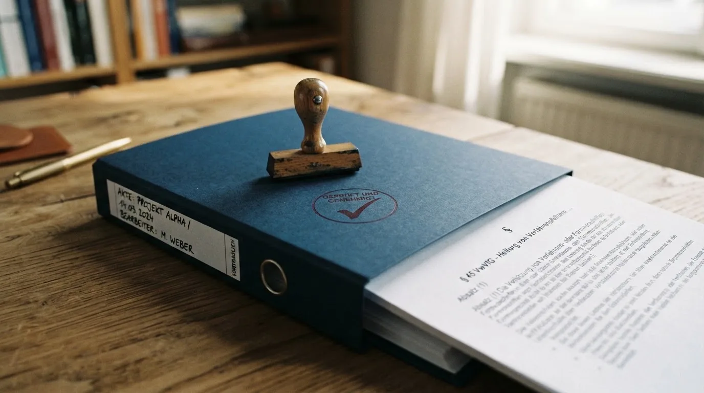 Symbolbild eines Aktenordners mit Paragraphenzeichen und einem Stempel auf einem Schreibtisch.