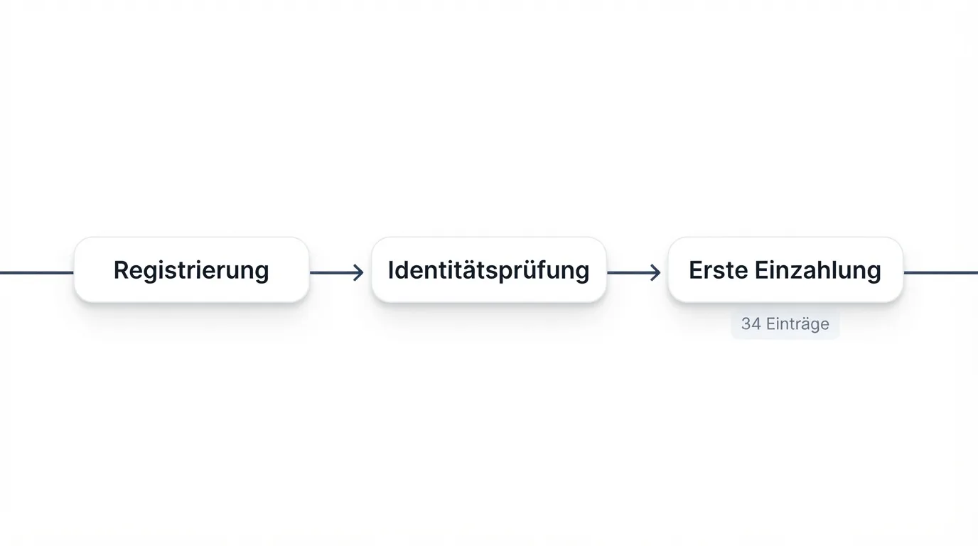 Schematische Darstellung eines Ablaufs von Kontoeröffnung über Identitätsprüfung bis zur ersten Einzahlung als einfaches Liniendiagramm.