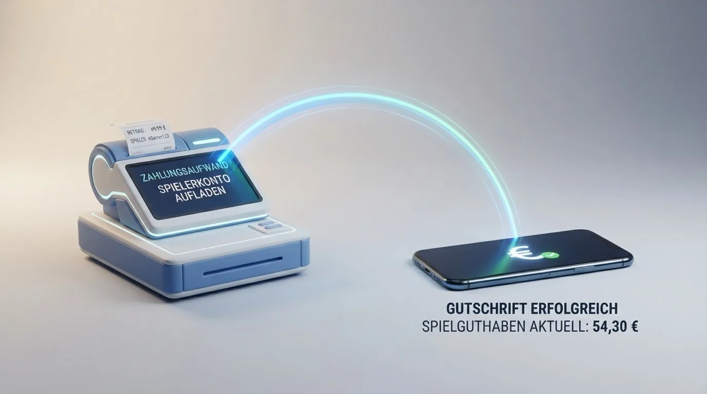 Illustration eines Ablaufs von Barzahlung an der Kasse bis zur Gutschrift auf dem Spielerkonto.