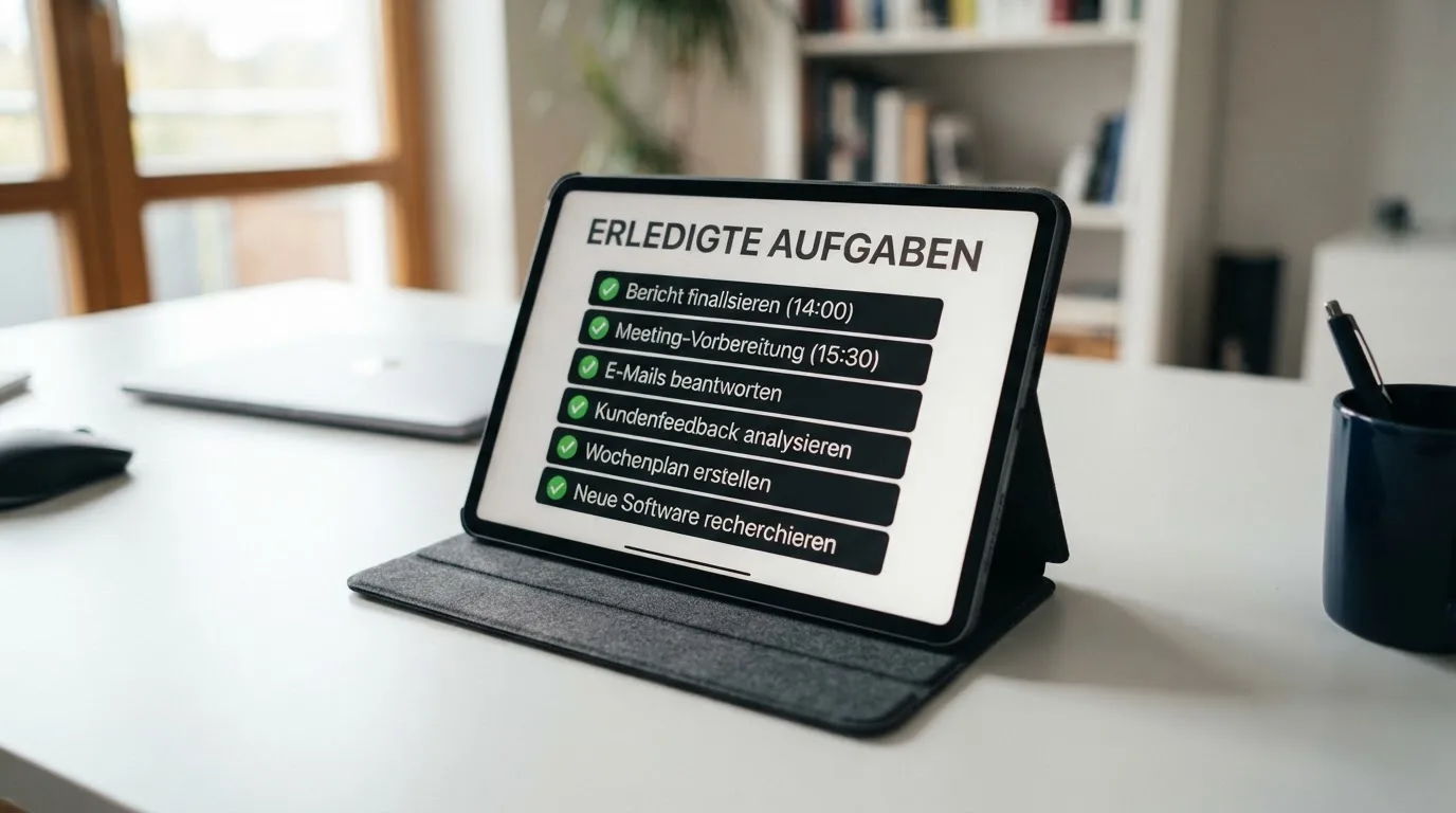 Tablet mit einer digitalen Liste und Häkchen-Symbolen auf einem Schreibtisch.
