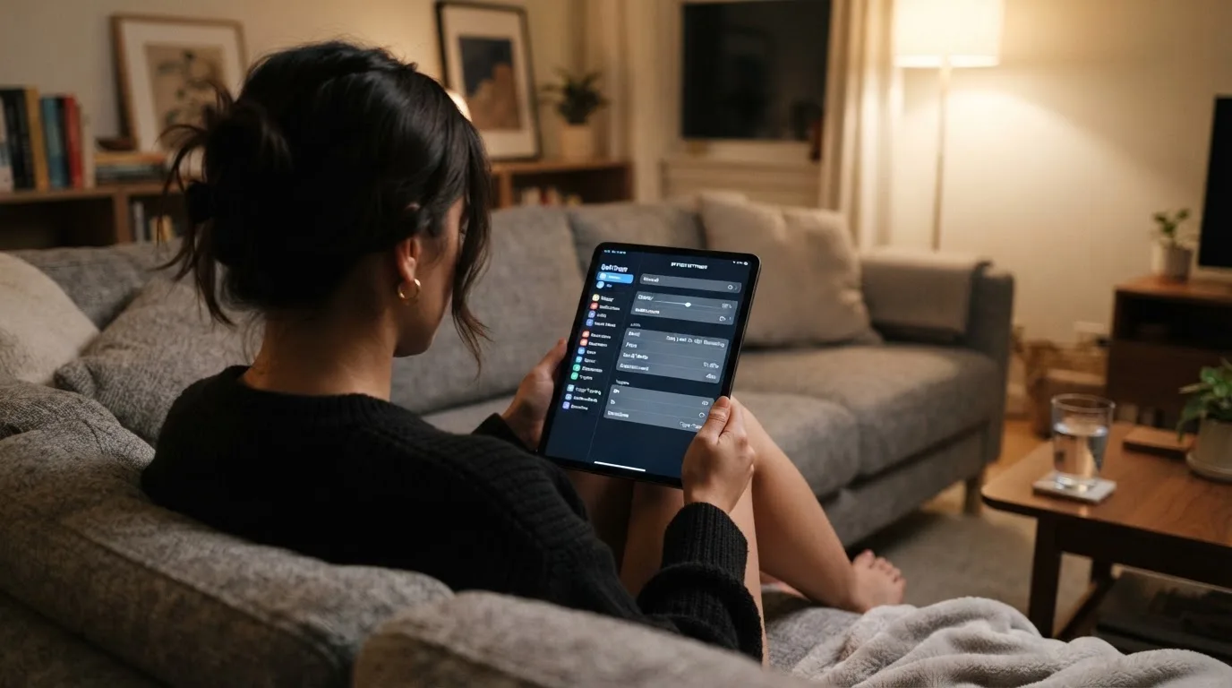 Person betrachtet nachdenklich eine App mit Einstellungsmenü auf einem Tablet in einem ruhigen Wohnzimmer.