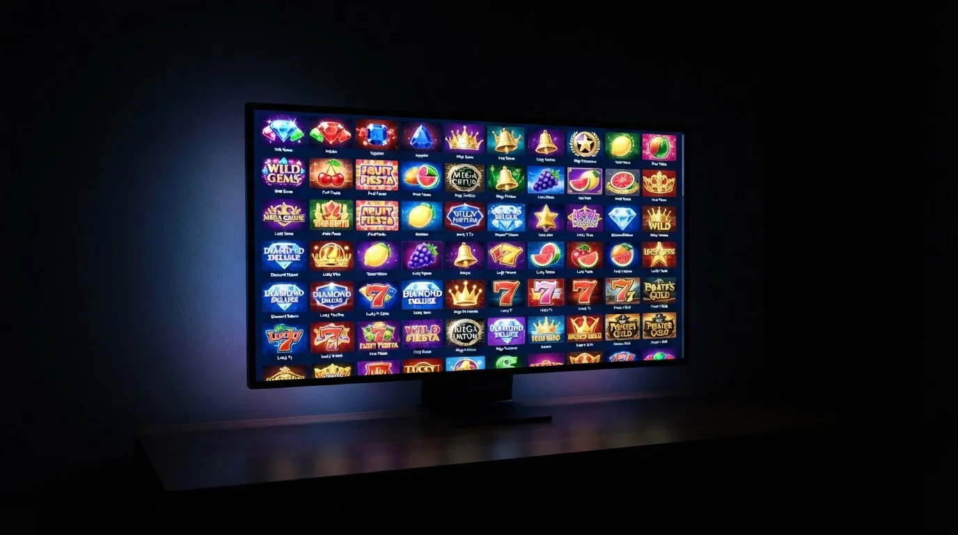 Bildschirm mit einer Kachelansicht zahlreicher Spielsymbole in einem abgedunkelten Raum.