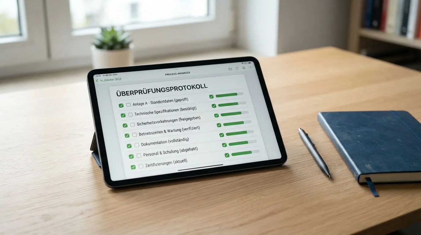 Tablet mit einer digitalen Liste und Häkchen-Symbolen auf einem Schreibtisch.