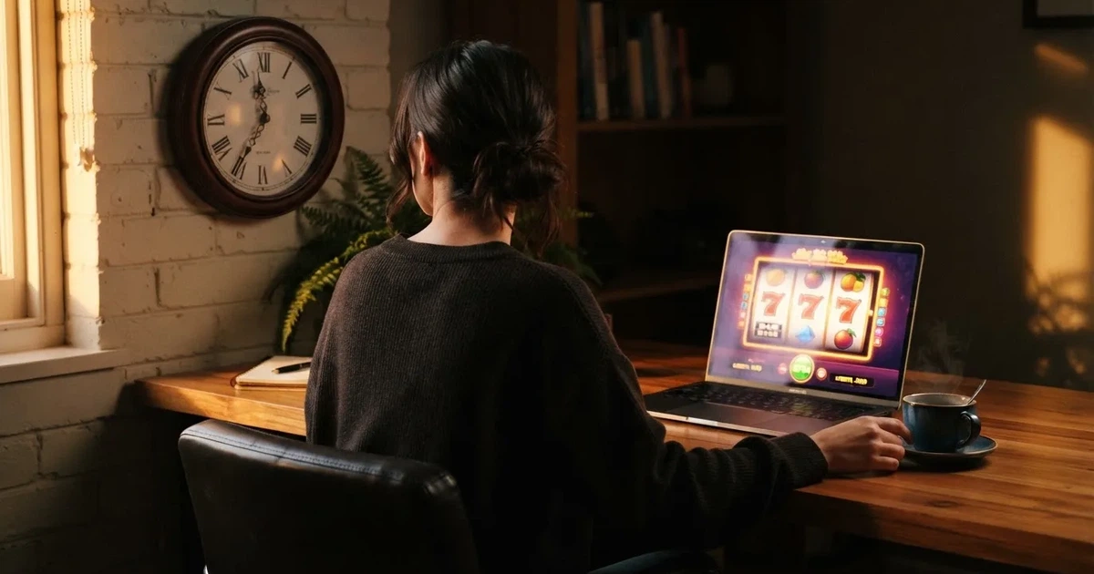 Person betrachtet konzentriert eine Uhr neben einem Laptop-Bildschirm.