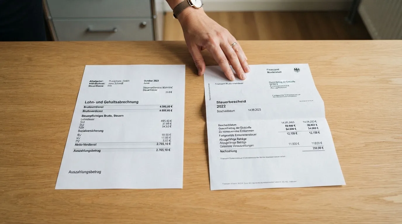 Person legt Gehaltsabrechnungen und einen Steuerbescheid auf einen Schreibtisch.