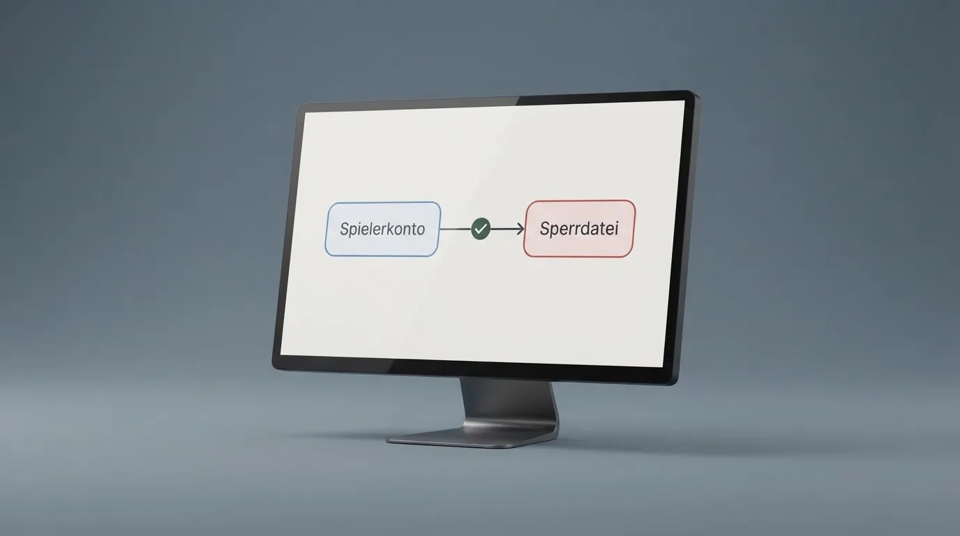 Schema eines Datenabgleichs zwischen einem Spielerkonto und einer zentralen Sperrdatei auf einem Monitor.