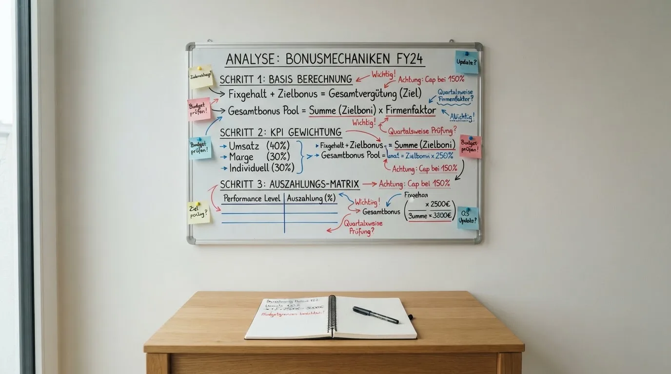 Rechenformel mit Prozentzahlen auf einem Whiteboard, umgeben von Notizzetteln.