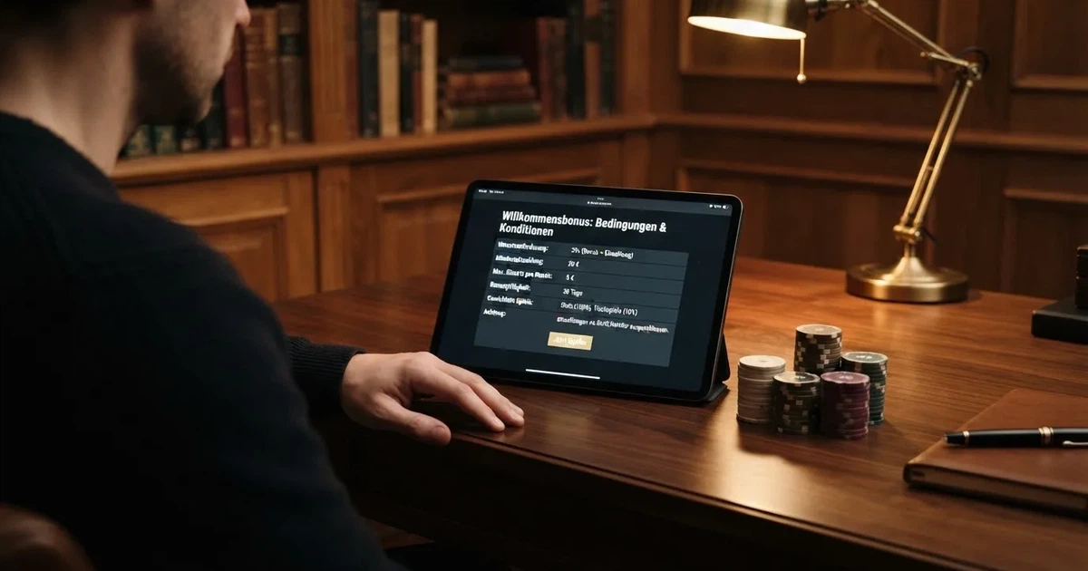 Aufgeschlagene Bonusbedingungen mit Prozentangaben auf einem Tablet-Bildschirm.