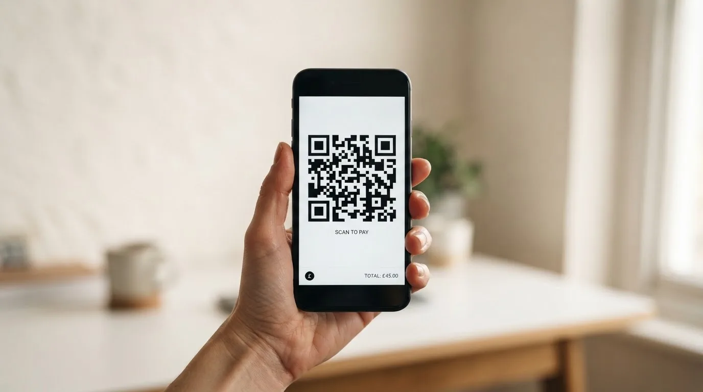 Nahaufnahme einer Hand, die auf einem Tablet einen QR-Code für eine Kryptowährungs-Einzahlung scannt.