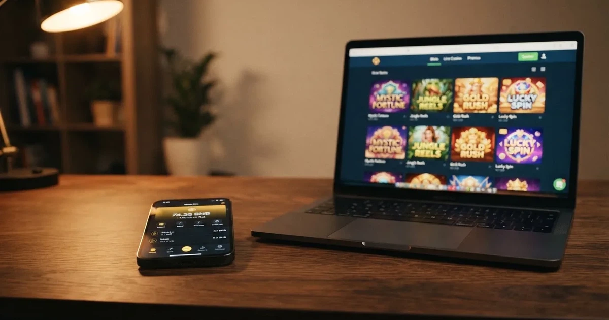 Smartphone-Bildschirm zeigt eine Kryptowährungs-Wallet mit einem BNB-Guthaben neben einem Laptop mit einer Casino-Weboberfläche.