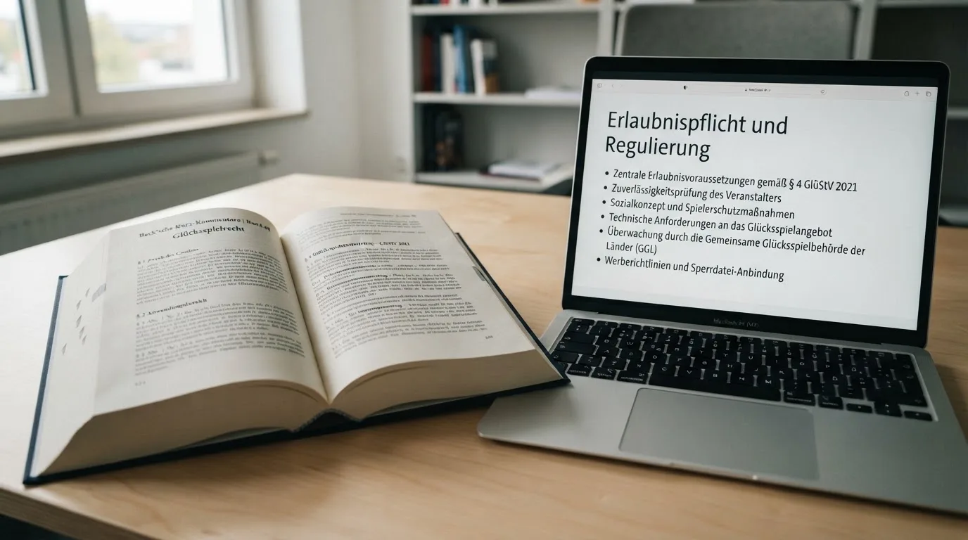 Nahaufnahme eines Gesetzestextes neben einem Laptop mit einer Behördenwebsite auf dem Bildschirm.