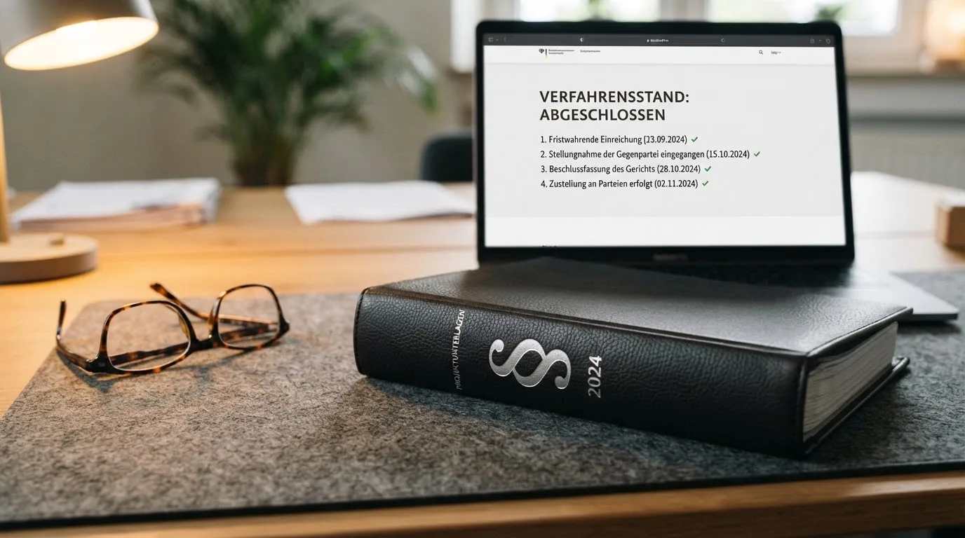 Nahaufnahme eines Aktenordners mit Paragraphenzeichen neben einem Computerbildschirm mit einer Behördenseite.