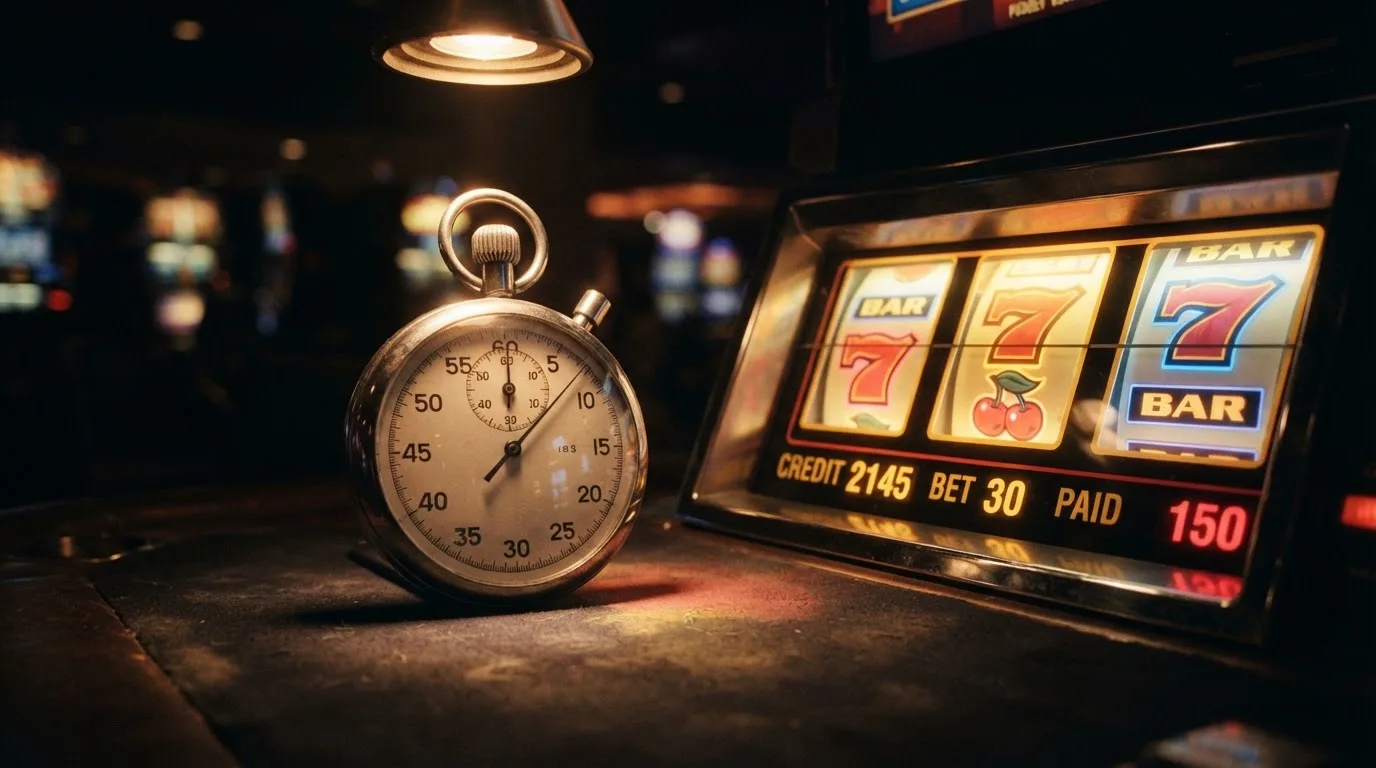 Symbolbild einer Stoppuhr neben einem Spielautomaten-Bildschirm, das ein Zeitintervall andeutet.