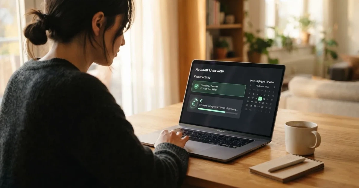Person prüft am Laptop eine Kontoübersicht mit Auszahlungsstatus und Kalenderdatum.